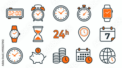 Collection of orange and black time management icons including clocks, calendar, stopwatch and hourglass, concept for scheduling software, deadline tracking and time accounting