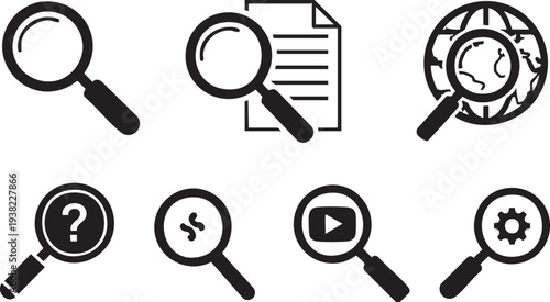 A collection of magnifying glass icons for search investigation and exploration on various themes and documents