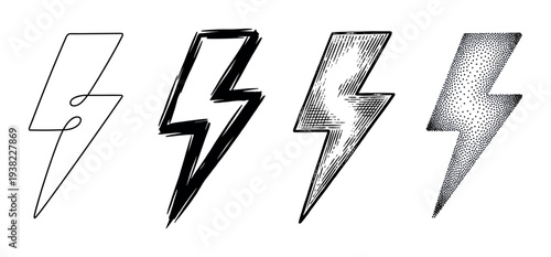 Four distinct lightning bolts in various artistic styles illustrating different drawing techniques for energy and power concepts.