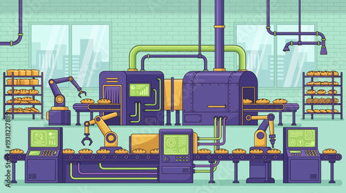 Robotic arms automate bread production on a modern bakery conveyor belt, concept for food manufacturing, industrial automation and food technology