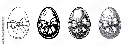Decorative Easter eggs with elegant bows presented in a collection of classic black and white drawing techniques.