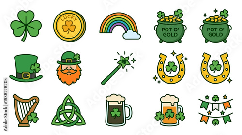 A vibrant collection of Saint Patrick's Day icons featuring leprechaun, shamrocks, and pots of gold in a festive illustration style.