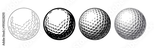 Four golf balls are presented in a diverse collection of black and white artistic illustration styles, highlighting different rendering techniques.