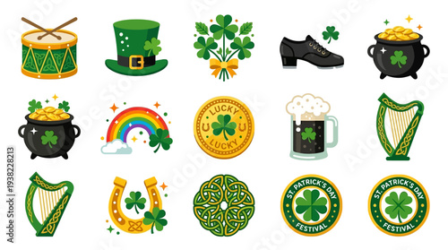 Collection of Saint Patrick's Day icons featuring shamrocks, leprechaun hats, and Celtic symbols in a festive bundle