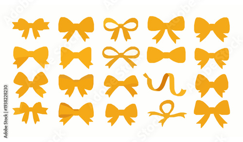 Cartoon gold ribbon bow vector set with cute yellow gift bows isolated on white background