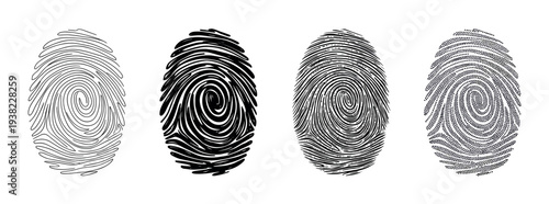 Four distinct human fingerprints displayed in various artistic styles representing identity, security, and unique personal recognition.