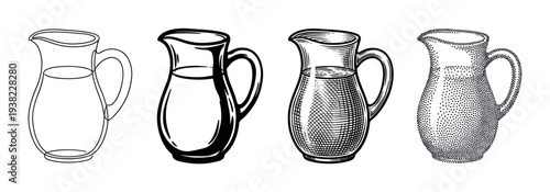 Four different pitchers filled with liquid are depicted in various artistic styles, including outline, bold line, engraving, and stipple art.