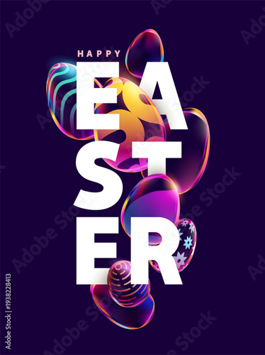 Easter greeting card with inscription and decorative 3D glass eggs.  Vector holiday design