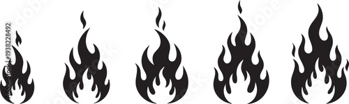A set of five black flame icons on a white background for design and decoration purposes