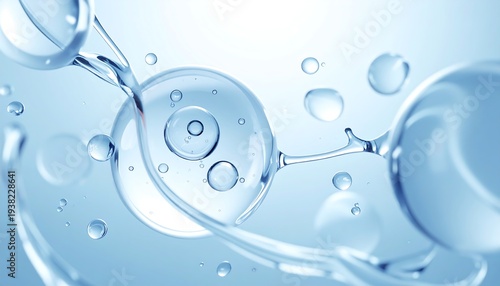 Translucent spheres interconnected by fluid streams, a macro view showcasing cell or molecular structure with subtle blue tints