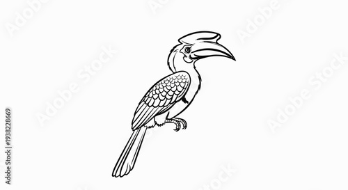 A black and white illustration of a hornbill bird perched on an unseen surface