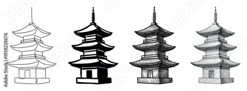 Four distinct artistic styles of traditional Asian pagodas showcasing diverse black and white illustration techniques.