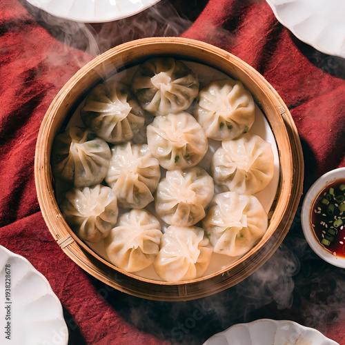 Top down view of steamed dumplings arranged inside