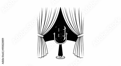 Vintage microphone on a stand, framed by parted stage curtains