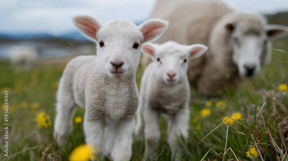 Fototapeta premium Baby animal season concept with newborn lambs exploring a spring meadow beside protective mother sheep, perfect for April nature season, baby animal spring, farm life, seasonal wildlife, modern