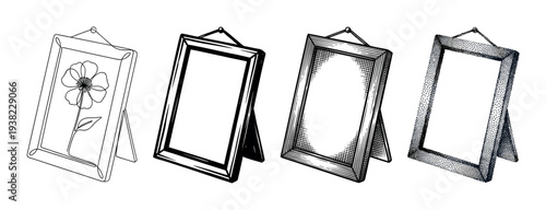 Picture frames in various hand-drawn artistic illustration styles, including line art, hatching, and stippling.