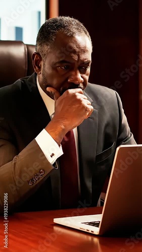 Concerned African American businessman in a suit contemplates data on his laptop screen conveying stress and financial decision-making in a modern office setting