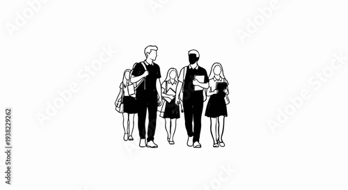 A group of students in black and white, carrying books and bags