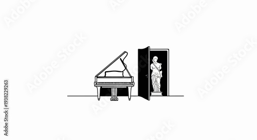 A grand piano sits beside an open doorway revealing a classical statue