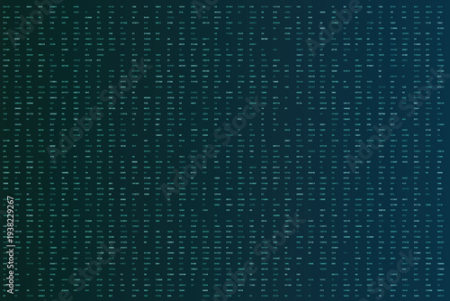 Blue binary code lines and numeric data create an intricate grid pattern on a dark background