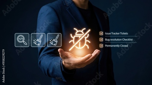 Wallpaper Mural software bug, debugging, programmer, quality assurance, coding, it support, technology concept showing a man in suit managing issue tracker tickets and fixing software errors. Torontodigital.ca