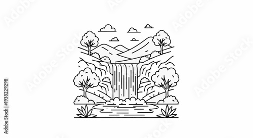 A minimalist line art illustration of a serene waterfall cascading into a tranquil pool surrounded by trees