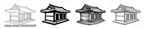 Traditional Asian temple building illustration set in various black and white artistic drawing styles.