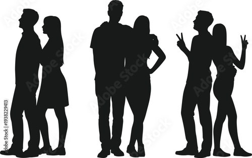 Set of standing couple silhouettes, man and woman embracing, talking and posing together for romantic relationship, date and social life vector