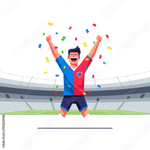 Soccer player celebrating victory with confetti in stadium
