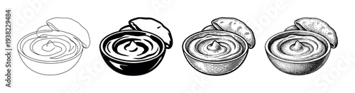 Savory dip in a bowl with a tortilla chip, depicted in different black and white drawing techniques.