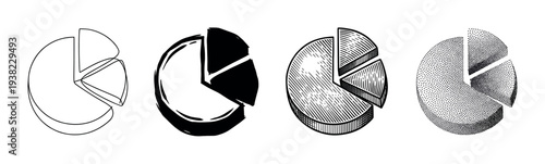 Four distinct pie charts represent various data visualization styles, perfect for illustrating statistical information, business reports, and financial analysis.