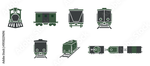 Train cars locomotive railway transportation collection of various freight and passenger vehicles in flat design style.