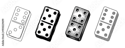 Domino tiles in various artistic styles, including outline, solid, engraved, and dotted, representing classic board game pieces.