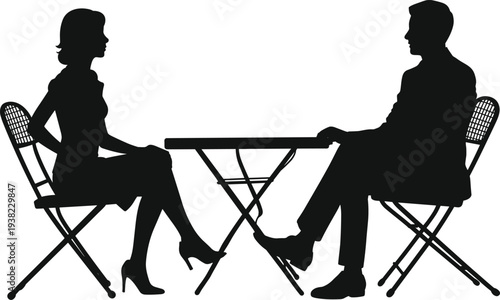 Silhouette of a couple sitting at a cafe table, man and woman talking in restaurant, outdoor date and romantic conversation vector illustration