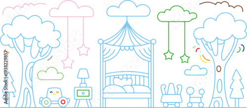 Colorful illustration of a childs bedroom with toys and furniture in a whimsical setting with trees and clouds