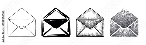 Four open envelopes depicted in various artistic styles, showcasing different black and white illustration techniques for communication concepts.
