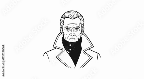 Stark black and white sketch of a stern, older man in a trench coat