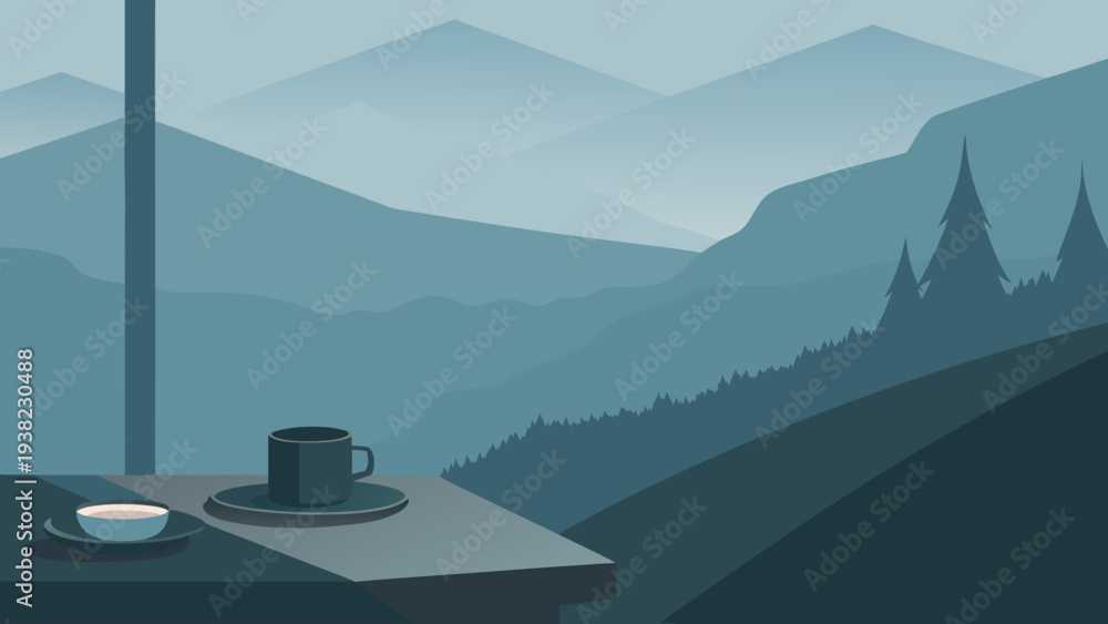 Obraz premium Minimalist illustration of coffee cup on table overlooking misty mountain valley landscape at sunrise calm travel mood