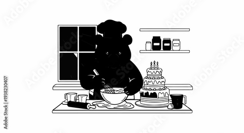 A chef bear whisks batter near a tiered cake and kitchenware on a counter