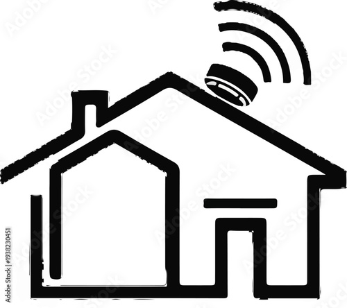Simple outline of a house with a wireless signal emitting from the roof