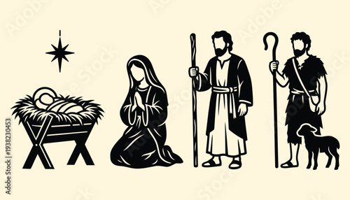 Traditional Christmas Nativity Figures in Black and White