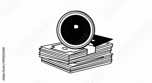 A black and white illustration of a stack of bills with a coin on top