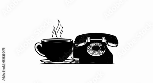 A black coffee cup with steam next to a vintage black rotary phone