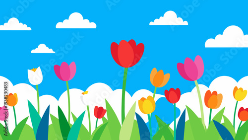 Colorful tulips blooming in spring meadow under blue sky with clouds cheerful nature illustration