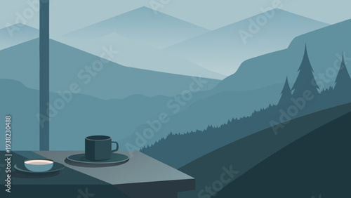 Minimalist illustration of coffee cup on table overlooking misty mountain valley landscape at sunrise calm travel mood