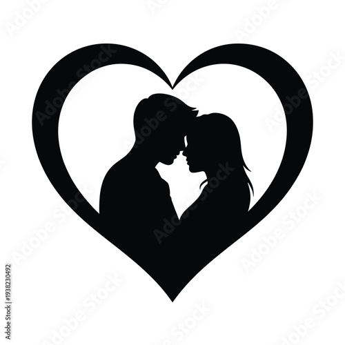 Silhouetted couple embracing within a large black heart shape