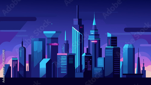 Neon futuristic city skyline at night with glowing skyscrapers vibrant cyberpunk style illustration
