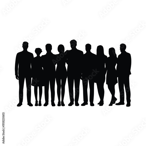 Group of people standing together depicted as a solid black silhouette
