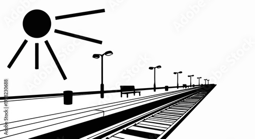 A minimalist illustration of a sun and a train station platform with tracks