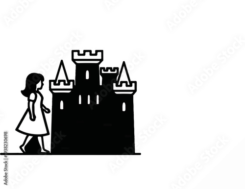 A girl walks towards a fairytale castle